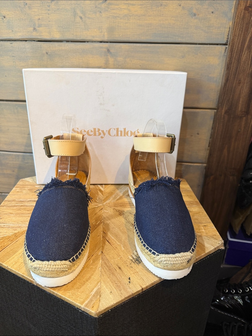 See By Chloé Navy and Tan Espadrille Ankle-Strap Wedges